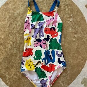Mini Boden Girls One-Piece Swimsuit – Colorful Cats & Dogs Print (Size 5-6Y)